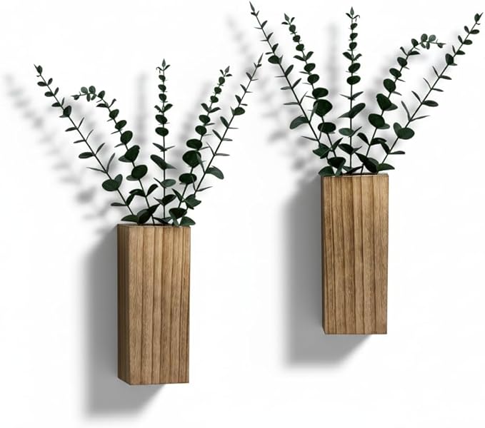2 Pieces Wooden Wall Hanging Plant Pots Vase Contains Artificial Green Plants for Indoor Fake Plants Greenery Flowers, Modern Planters for Bathroom, Living Room, Kitchen Decor, (Wood Color)