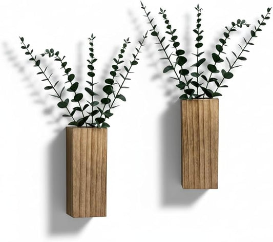 2 Pieces Wooden Wall Hanging Plant Pots Vase Contains Artificial Green Plants for Indoor Fake Plants Greenery Flowers, Modern Planters for Bathroom, Living Room, Kitchen Decor, (Wood Color)