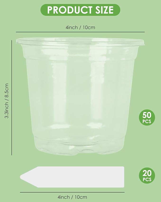 PACETAP 50Pack 4 Inch Reinforced Clear Nursery Pots with Drainage Holes, Variety Pack Plastic Plant Pots with 20 Plant Labels for Indoor Outdoor Flower Seed Starter