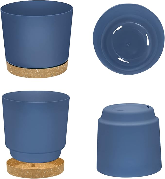 ZMTECH Plant Pots, Set of 3 8'' Self Watering Plastic Planter with Drainage Hole and Saucer, Modern Decorative Flower Pot for Indoor Outdoor House Plants, Succulents, Flowers - Blue