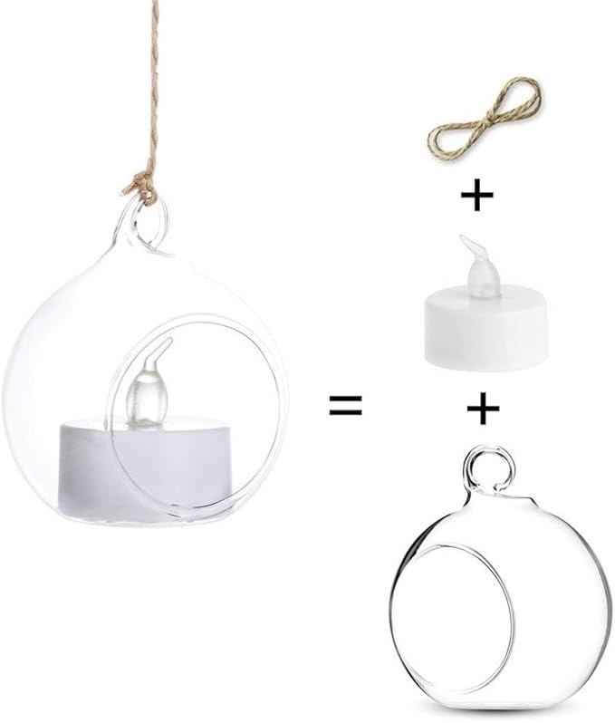 Sziqiqi Hanging Glass Globes Orbs Tea Light Candle Holders with Flameless LED Tealight for Wedding Ornaments, Wedding Birthday Christmas Party Centerpiece Accessory 2.36inch 10pcs +2 Extra