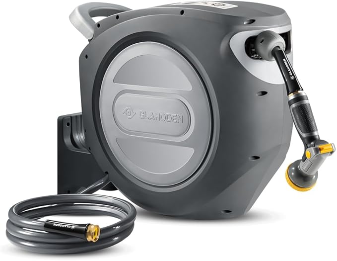 Retractable Garden Hose Reel 1/2 in x 85 ft Upgraded UV Resistant Heavy Duty Automatic Hose Reel Wall Mount 3/4 in Brass Fitting 9 Pattern Nozzle Any Length Lock Slow Retraction