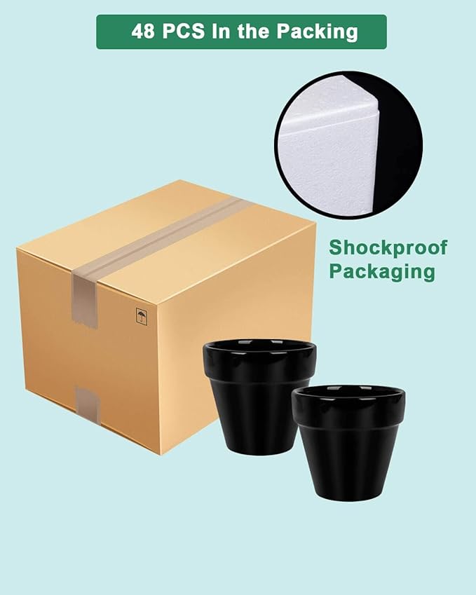 vensovo 48 Pcs 2" Tiny Ceramic Plant Pots with Drainage Hole - Black Small Mini Ceramic Pottery Planter Ideal for Indoor/Outdoor Plants, Crafts, Wedding Favors
