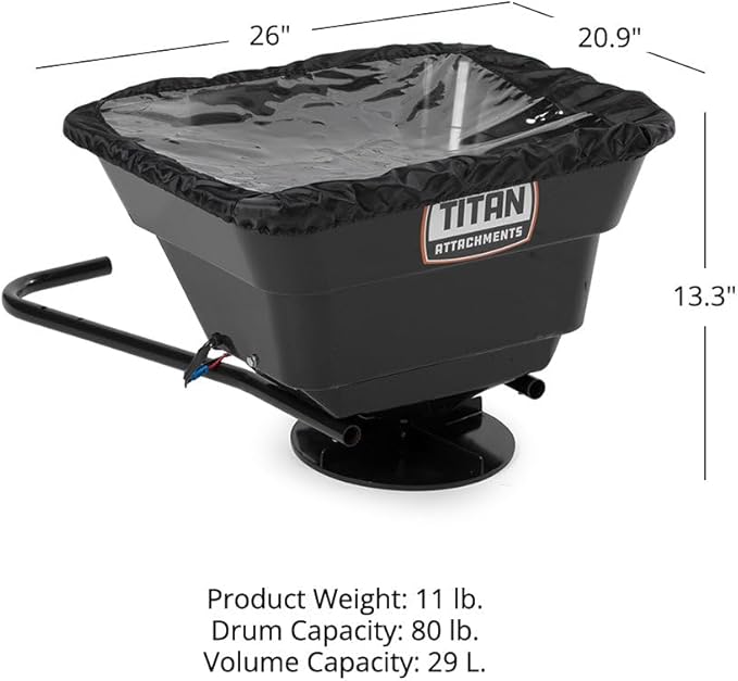Titan Attachments 12 Volt ATV/UTV Broadcast Spreader, 80 LB Capacity, Back or Front Mounting for ATV, UTV, Or Utility Tractor, Lawn and Garden Seed Spreader with Rain Cover
