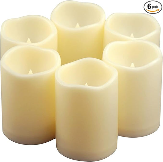 Waterproof Outdoor Battery Operated Flameless Pillar Candles with Timer White Plastic Realistic Flickering Fake Electric LED Lights for Lantern Garden Wedding Christmas Decorations 3”x4” 6 Pack