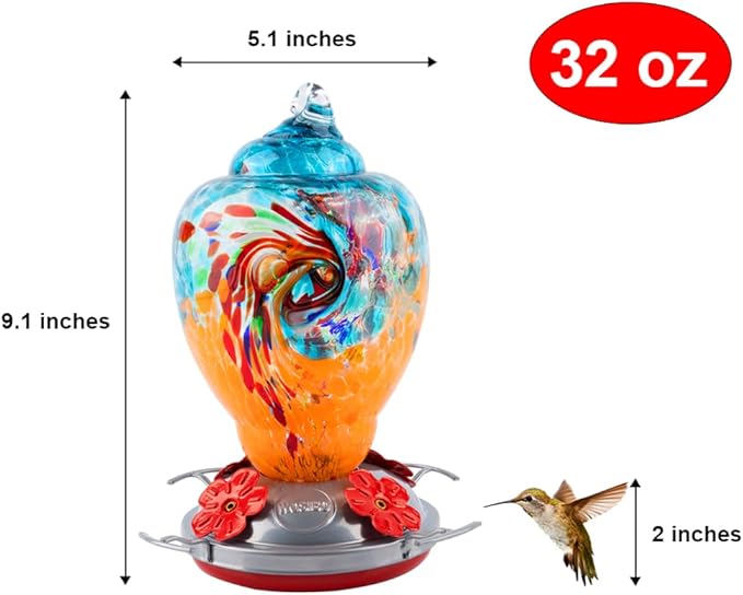 WOSIBO Hummingbird Feeder for Outdoors Patio Large 32 Ounces Colorful Hand Blown Glass Hummingbird Feeder with Ant Moat Hanging Hook, Rope, Brush and Service Card (Blue-Orange)