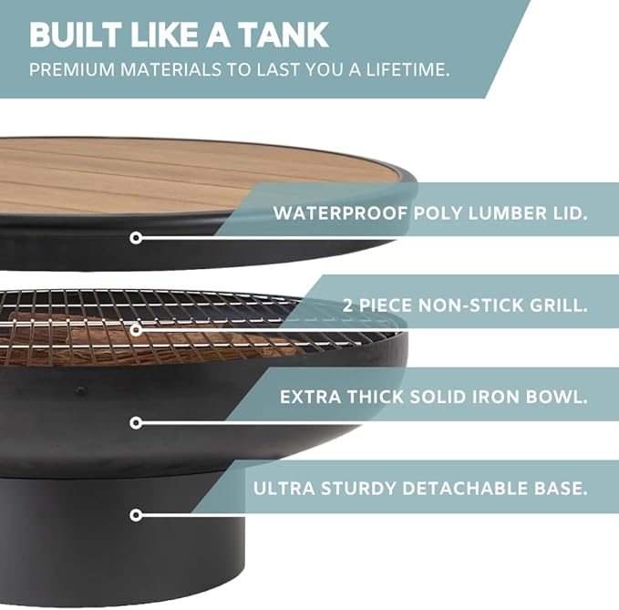32 Inch Round Fire Pit Table with Fire Pit Grill, Extra Thick, Heavy Duty Fire Bowl, Deep Outdoor Firepit, Wood Burning Firepits for Outside Patio, Backyard Fire Pits, Large BBQ Pit