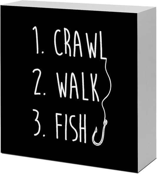 Black Crawl Walk Fish Rustic Wooden Sign, Funny Baby Fishing Wood Block Desk Decor for Home Bedroom Baby Room Shelf Table
