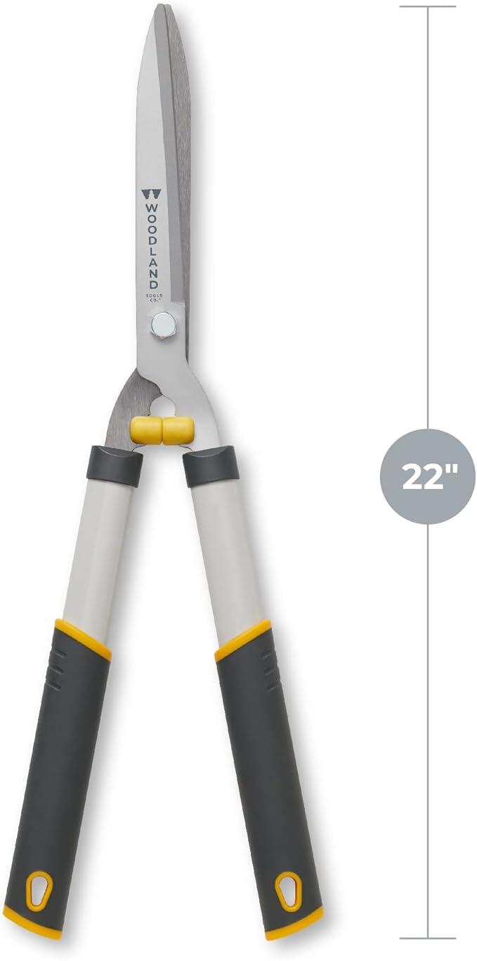 Woodland Tools 22" Regular Duty Hedge Shears - High Carbon Steel Blades, Non-Stick Coating, Cushioned Grips, Shock-Absorbing Bumpers, Manual Hedge Clippers for Shrubs and Bushes