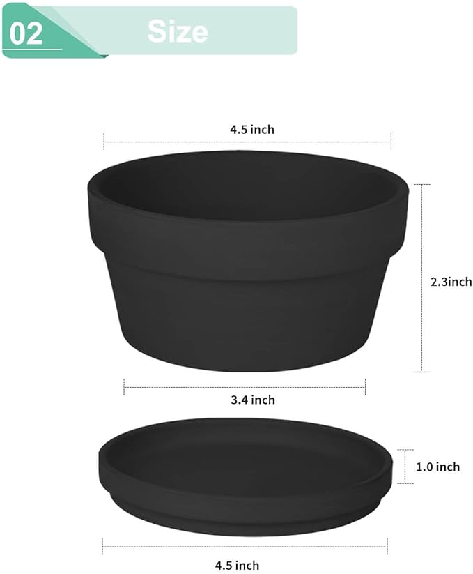 vensovo 4.5 Inch Black Terracotta Shallow Succulent Pots - 6 Pack Terra Cotta Clay Pot with Saucer, Cacuts Indoor and Outdoor Planters with Drainage Hole