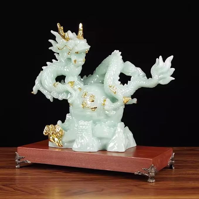 12.2 INCH Chinese Feng Shui Dragon Lucky Jade Color Figurine Statue for Luck & Success,Home Office Bookshelf Desk Decor,Green