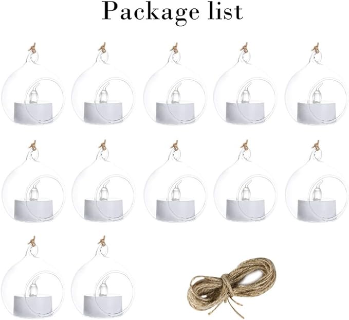 Sziqiqi Hanging Glass Globes Orbs Tea Light Candle Holders with Flameless LED Tealight for Wedding Ornaments, Wedding Birthday Christmas Party Centerpiece Accessory 2.36inch 10pcs +2 Extra