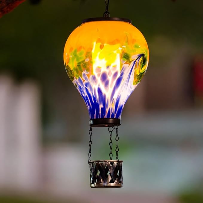 Tie-Dye Style Solar Hot Air Balloon Lantern with Flame, Glass Hot Air Balloon Solar Lantern Waterproof Outdoor Lanterns Decorative Lamp for Patio, Garden, Porch