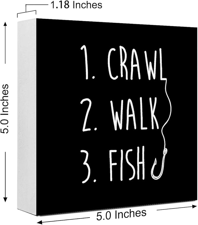 Black Crawl Walk Fish Rustic Wooden Sign, Funny Baby Fishing Wood Block Desk Decor for Home Bedroom Baby Room Shelf Table