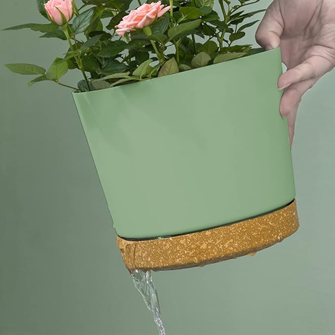 ZMTECH Plant Pots, Set of 3 8'' Self Watering Plastic Planter with Drainage Hole and Saucer, Modern Decorative Flower Pot for Indoor Outdoor House Plants, Succulents, Flowers - Green