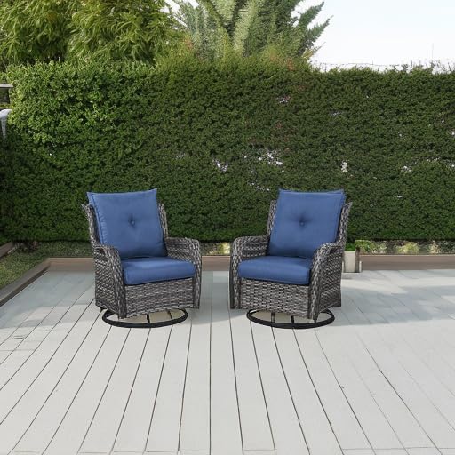 HUMMUH Outdoor Swivel Rocker Wicker Patio Chairs Set of 2, Rattan Rocking Chair Furniture Set (Grey,Blue)