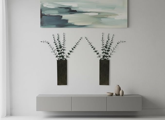 2 Pieces Wooden Wall Hanging Plant Pots Vase Contains Artificial Green Plants for Indoor Fake Plants Greenery Flowers, Modern Planters for Bathroom, Living Room, Kitchen Decor, (Brown)