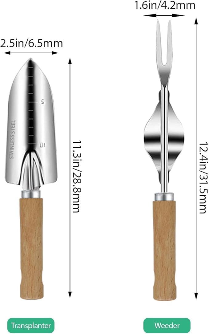 LeMotech Garden Tool Set, 2Pcs Gardening Hand Tools, Stainless Steel Transplant Shovel and Weeder with Beech Handle, Outdoor Gardening Kit for Women Men