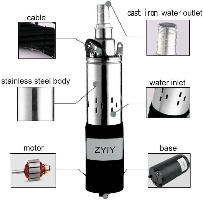 24V Stainless 3 Inch Bore 260W Solar DC Submersible Deep Well Pump Max.flow:2300L/h Max.H Lift 173.9ft Water Well Pump for Garden/Agricultural/Irrigation