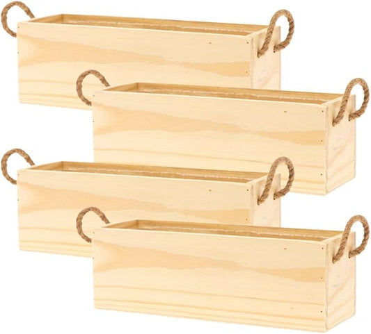 Wooden Planter Box with Handle, Rose Wood, Plastic Liner l Garden Decor l Restaurant and Wedding Decorations l Wedding Bouquets, Table Centerpiece, 12 x 4 Inches, (12x4 w Handle Set of 4, Rose Wood)