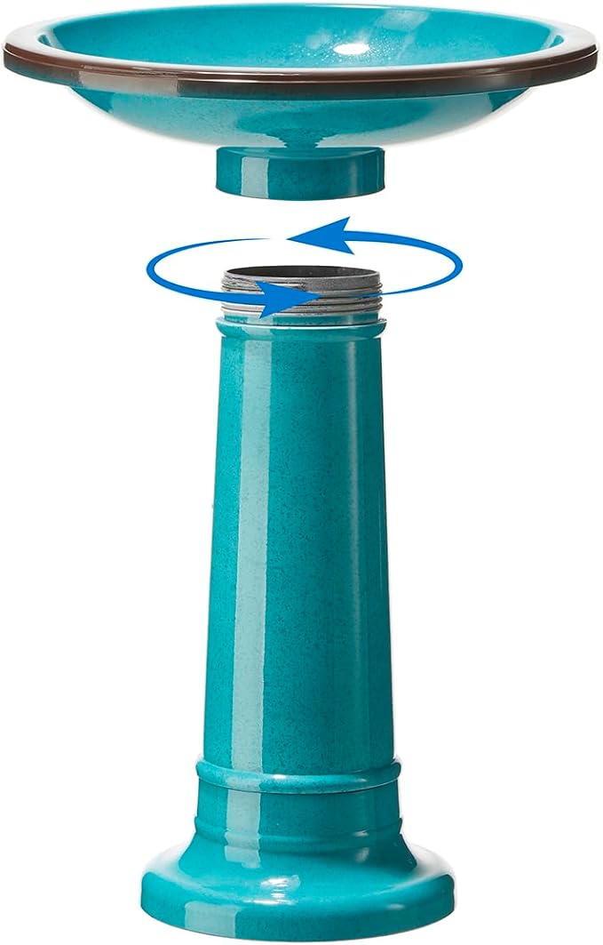 Glitzhome 21.5" H Plastic Turquoise Faux Ceramic Bird Bath for Outside, Hand-Painted Tall Pedestal Birdbath in Weather Resistant for Outdoor Patio Garden Backyard Decking