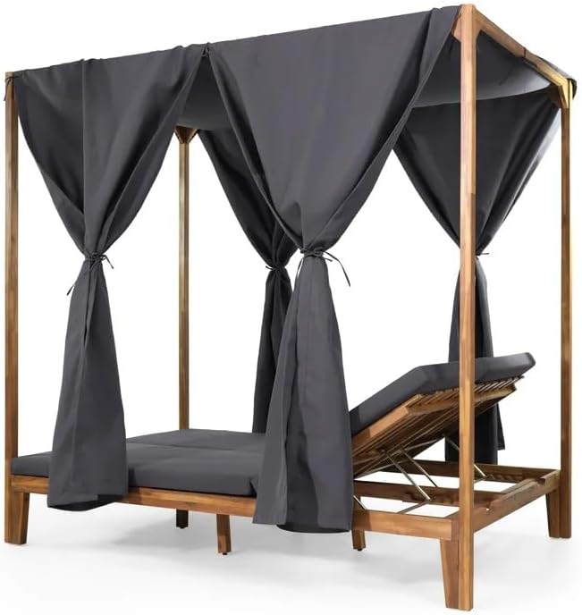 kevinplus Outdoor Patio Sunbed Daybed with Adjustable Reclining Chaise Lounge & Water-Resistant Canopy & Curtain, Solid Wood Construction, Dark Gray
