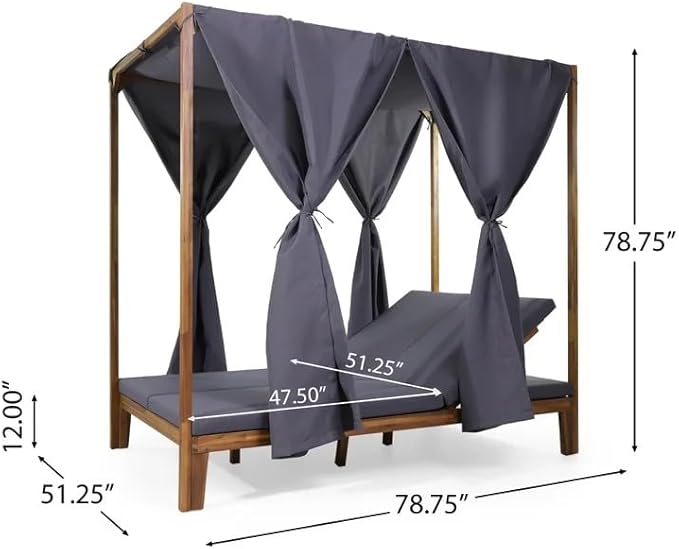 kevinplus Outdoor Patio Sunbed Daybed with Adjustable Reclining Chaise Lounge & Water-Resistant Canopy & Curtain, Solid Wood Construction, Dark Gray