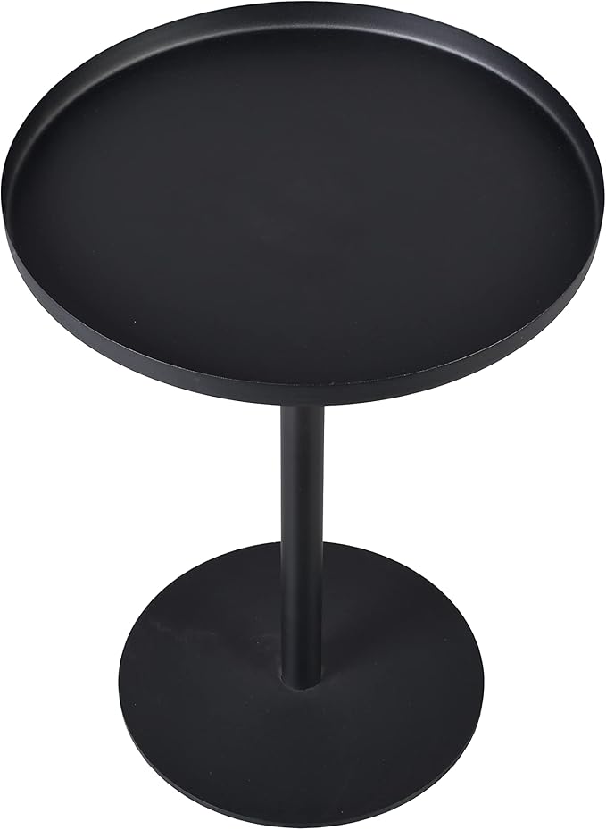 Outdoor Side Table,Tray Metal Sofa End Table, Accent Coffee Table, Adjustable Height, Waterproof and Anti-Rust Outdoor&Indoor Snack Table, Black (Round Top)