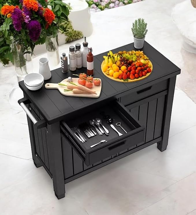 BBQ Outdoor Grill Table, Buffet, Entertainment and Storage Cabinet w/Drawers, Graphite Gray