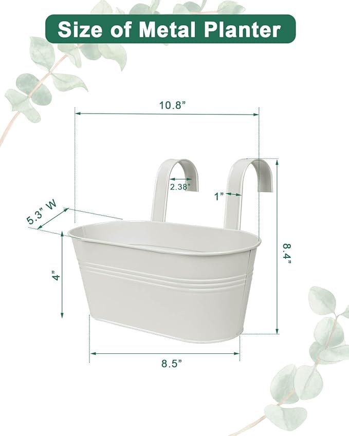 vensovo Metal Railing Planter for Outdoor Plants - 3 Pack Balcony Hanging Flower Pots with Detachable Hooks and Drain Holes Oval Bucket Rail Box Fence Planters for Home Garden Decor, White