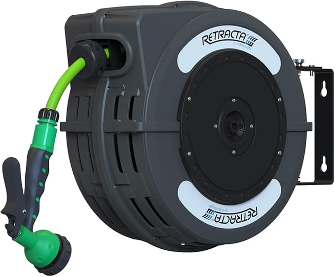 Macnaught C1 Series Retractable Garden Hose Reel, 40 Ft Water Hose Reel Heavy Duty Retractable Hose with Metal 180° Swivel Rotation Bracket for Wall Mount - Gray