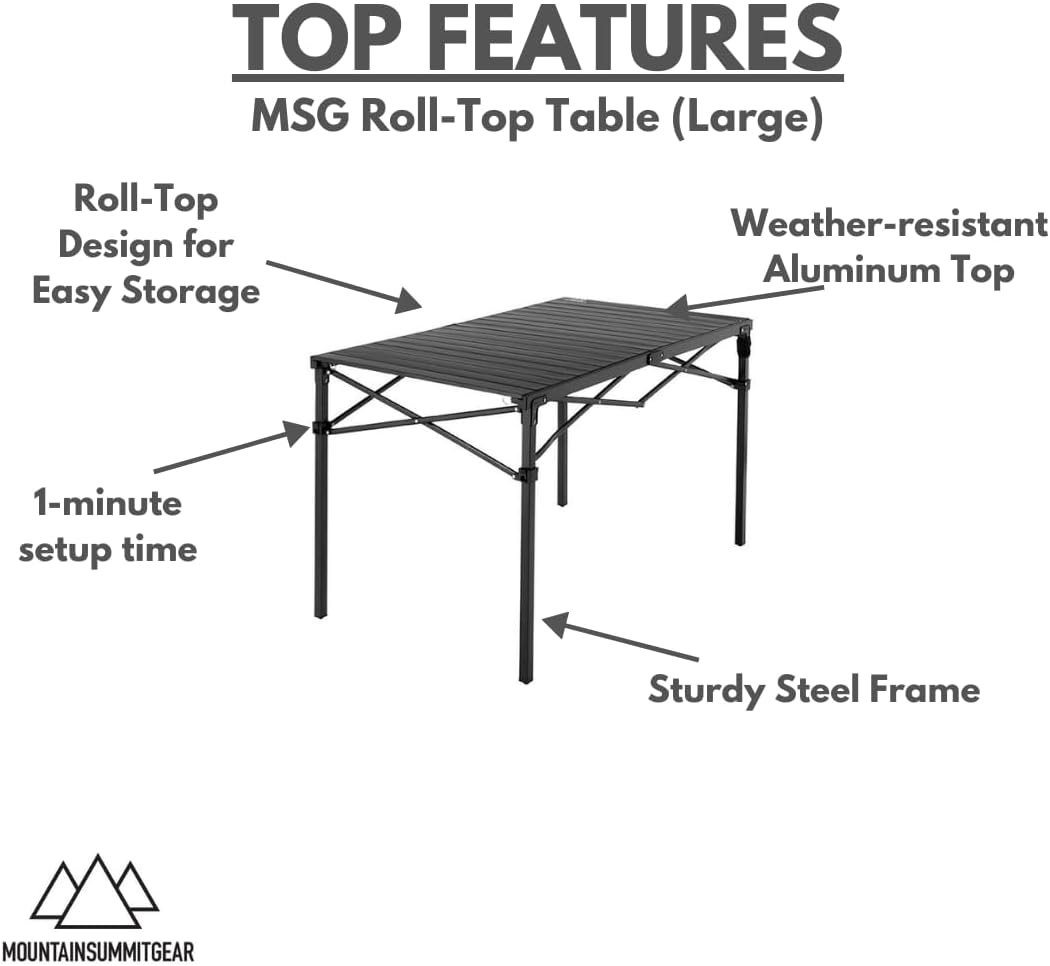 Heavy-Duty Roll-Top Table for Camping (Large) - Portable Aluminum-Top Folding Table with Steel Frame by Caddis Sports