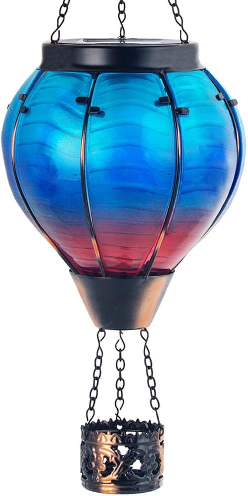 Starsoul Blue Hot Air Balloon Solar Lantern Glass Solar Hot Air Balloon Flickering Flame Hanging Garden Light Waterproof Solar Lamp Hot Air Balloon Garden Yard Farmhouse Decor