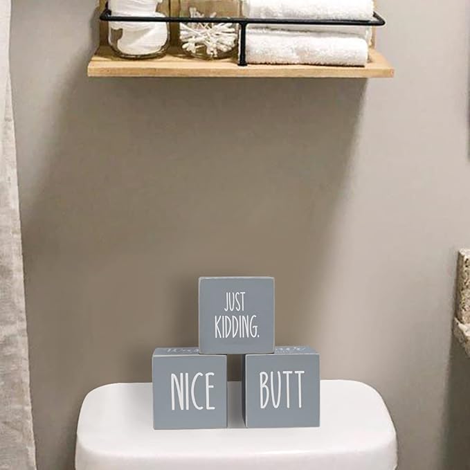 4-Sides Farmhouse Bathroom Decor for Shelves Counter, Funny Rustic Cute Wooden Restroom Guest Sign, Nice Butt&Get Naked&Hello Sweet Cheeks&Wash Your Hands, Grey 2.8"
