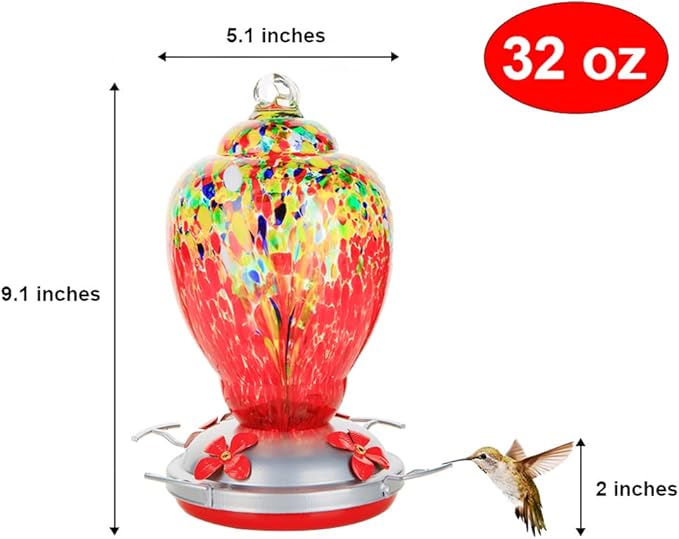 WOSIBO Hummingbird Feeder for Outdoors Patio Large 32 Ounces Colorful Hand Blown Glass Hummingbird Feeder with Ant Moat Hanging Hook, Rope, Brush and Service Card (Red-Sunrise)