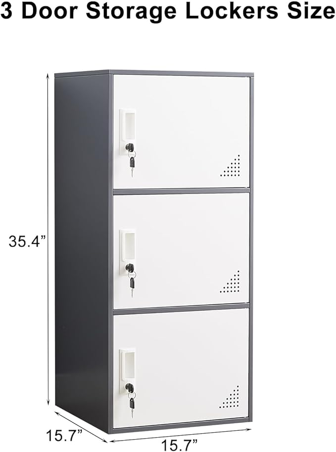 Student Locker Organizer, Multi-Door Steel Locker, Small Locking Cabinet Storage Organizer, Office File Cabinet, Home Locker, Gym Locker, Metal Storage Locker (3 Door, Gray & White)