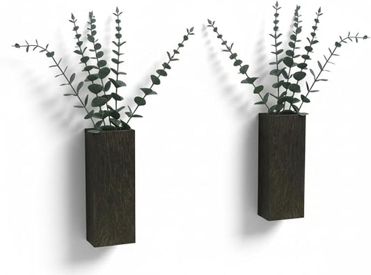 2 Pieces Wooden Wall Hanging Plant Pots Vase Contains Artificial Green Plants for Indoor Fake Plants Greenery Flowers, Modern Planters for Bathroom, Living Room, Kitchen Decor, (Brown)