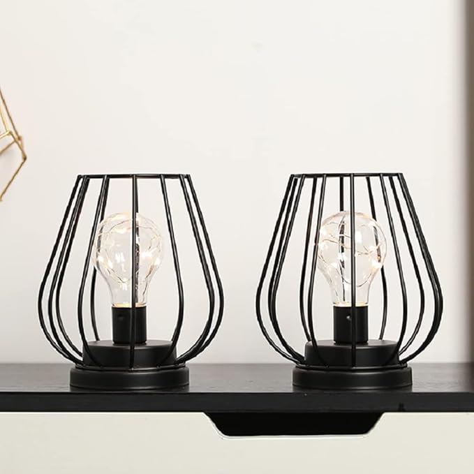 TRIROCKS Set of 2 Metal Battery Operated Lamp 7'' Tall Mini Cage Shape Cordless Table Lamp Battery Lanterns with Warm Fairy Lights Bulb for Patio Garden Wedding Parties Indoor Outdoor(Black)