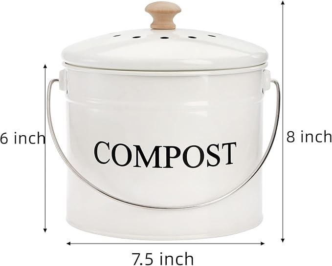 AVLA Compost Bin Kitchen Countertop, 1 Gallon Composter Pail, Food Waste Composting Bucket, Odorless Trash Keeper Container, White Scraps Caddy with Charcoal Filter, Carrying Handle, Lid