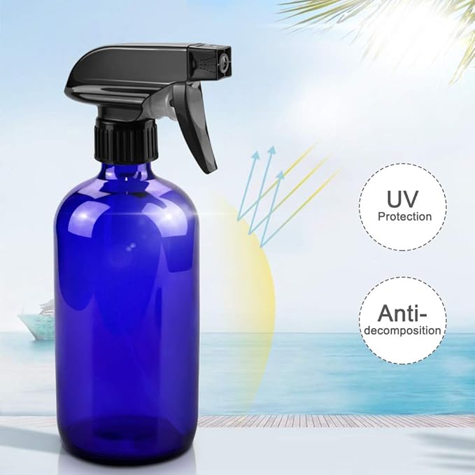 Glass Spray Bottles, 16oz Blue Glass Spray Bottles with Labels & Adjustable Nozzle, Reusable Containers for Cleaning, BBQ, Food, Plants, Alcohol, Essential Oils(1 Pack)