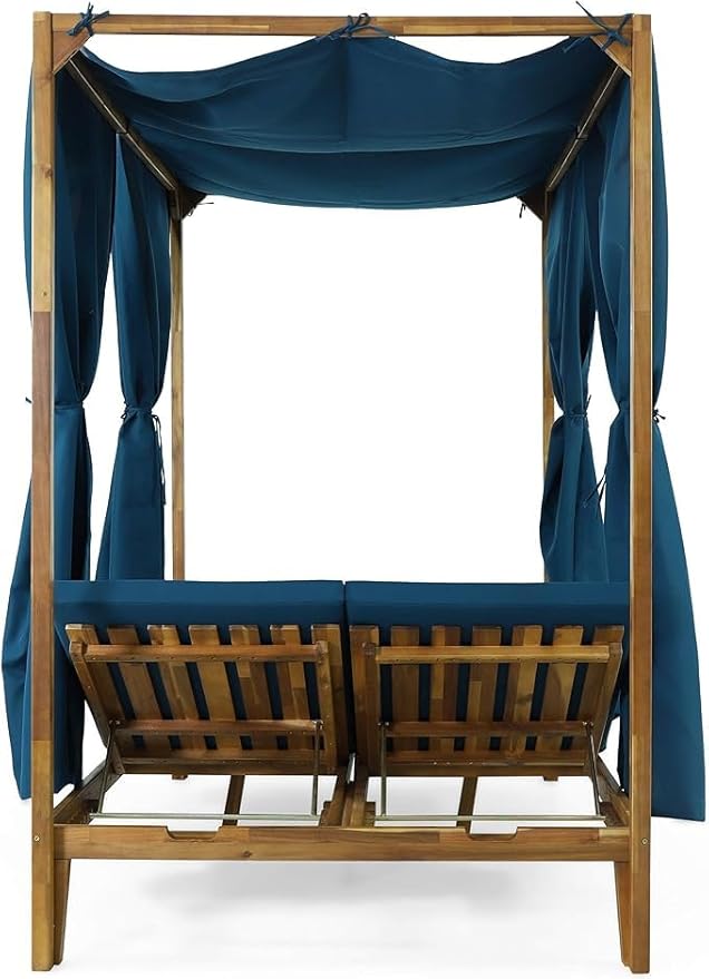 kevinplus Outdoor Patio Sunbed Daybed with Adjustable Reclining Chaise Lounge & Water-Resistant Canopy & Curtain, Solid Wood Construction, Blue