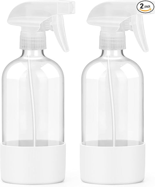 2 Pack Glass Spray Bottles with Silicone Sleeve, 16 oz Empty Refillable Containers with Adjustable Spray Nozzles, Spray Bottles for Hair, Cleaning Solutions and Plants White