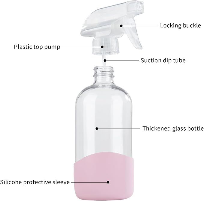HOMBYS 8 Oz Empty Clear Glass Spray Bottles with Silicone Sleeve Protection Refillable Containers for Cleaning Solutions, Essential Oils, Misting Plants - Quality Sprayer - 1 Pack Boston Bottles