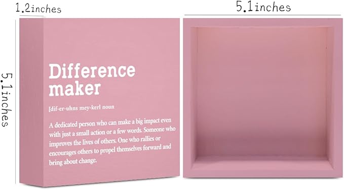 Difference Maker Definition Home Office Decor Wooden Box Sign, Motivational Retirement Thank You Gifts for Women Teacher Boss Lady Mom Coworker Farmhouse Desk Decor Table Shelf Wall Display, Pink