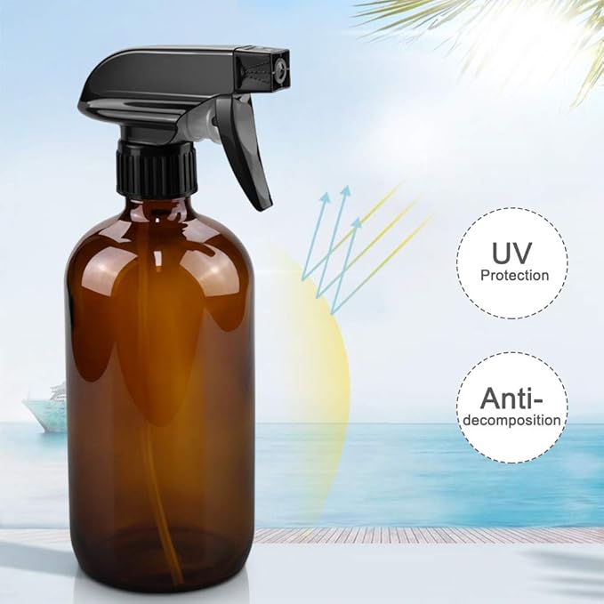 Glass Spray Bottles, 16oz Refillable Containers, Empty Boston Round Bottles with Labels & Adjustable Nozzle for Cleaning, Gardening, Aromatherapy, Pets, Plant, Hair -Amber (2 Pack)