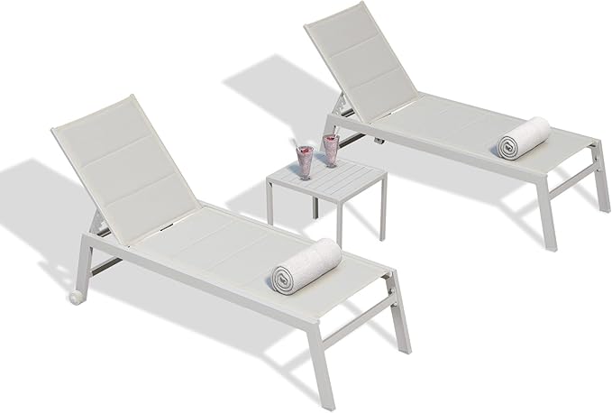 PURPLE LEAF Outdoor Chaise Lounge Set Adjustable Sunbathing Recliner with Side Table for Beach Poolside Outside Patio Aluminum Chaise Lounger Cream