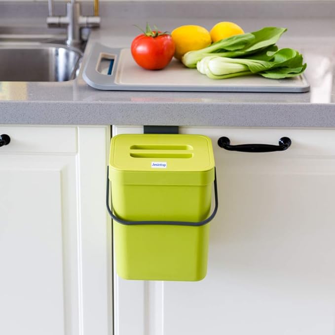 Food Waste Basket Bin for Kitchen, Odor-Free Food Scrap Container,Small Countertop Compost Bin with Lid, Mini Garbage Can Wall Mounted Trash Can, 3L/0.8 Gal Series, Green