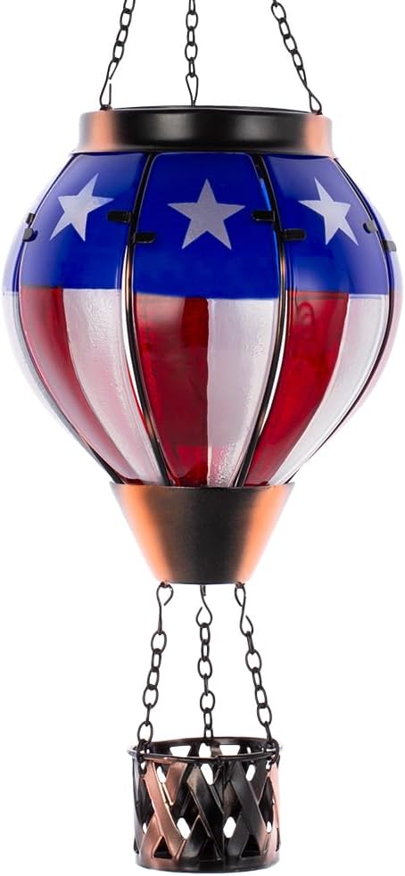 Hot Air Balloon Outdoor Lantern with Flickering Flame, Handmade Glass Solar Lantern with Flag Pattern Waterproof Lantern Lamp for Patio, Garden, Porch