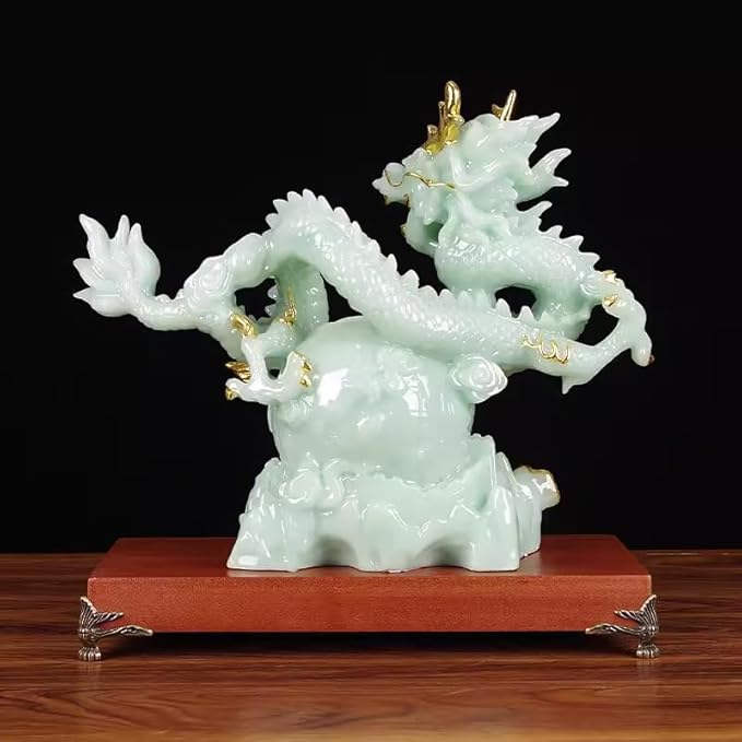 12.2 INCH Chinese Feng Shui Dragon Lucky Jade Color Figurine Statue for Luck & Success,Home Office Bookshelf Desk Decor,Green