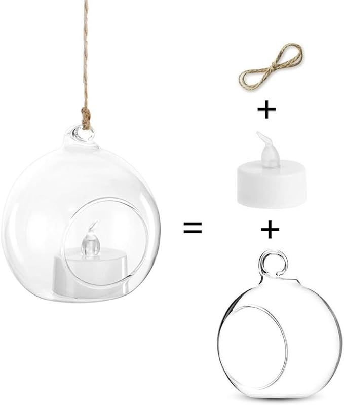 24 Pcs 3.15"/ 8cm Hanging Glass Tealight Holder Globe with LED Tealight, Plant Terrariums Glass Orbs Air Plants Tea Light Candle Holders Home Decor Indoor Outdoor Garden DIY Gifts (24 Pcs)